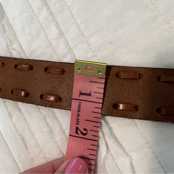 Vintage genuine leather brown belt stitches silver tone buckle size small main image 5